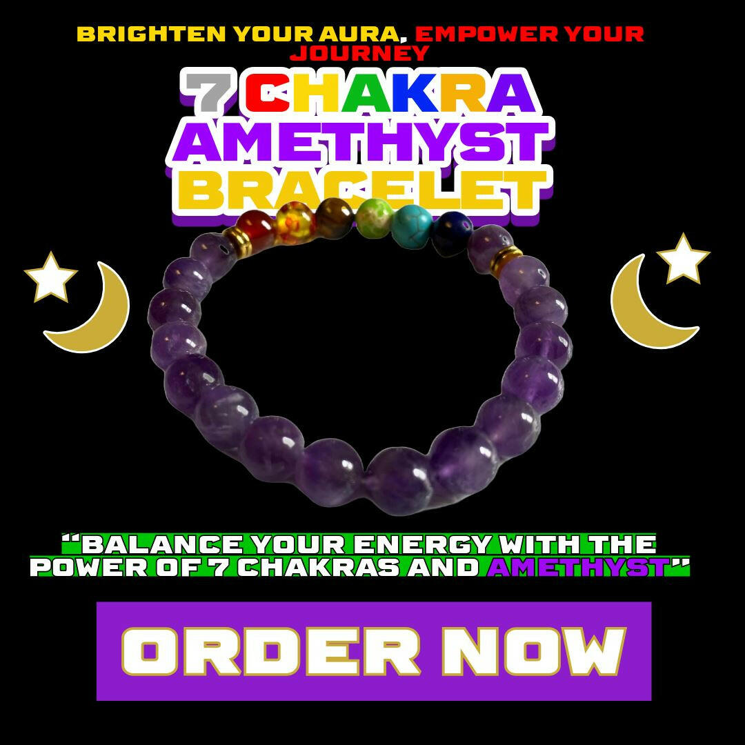 7 Chakra Amethyst Bracelet with deep purple Amethyst beads and colorful chakra stones for spiritual clarity, balance, and higher awareness from Dallas Psychic & Crystals.