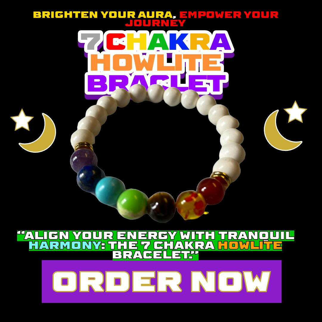 7 Chakra Howlite healing bracelet from Dallas Psychic & Crystals featuring white Howlite beads and chakra stones including amethyst, lapis, turquoise, and tiger eye for energy alignment and spiritual peace, available at Dallas Psychic & Crystals