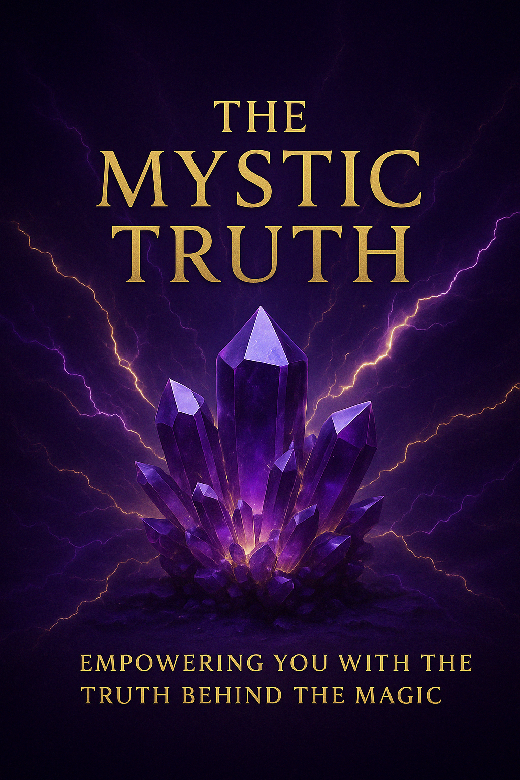 Purple crystal cluster radiating golden lightning on a dark mystical background. Text reads: The Mystic Truth – Empowering You with the Truth Behind the Magic. A powerful, spiritual visual evoking energy, wisdom, and clarity