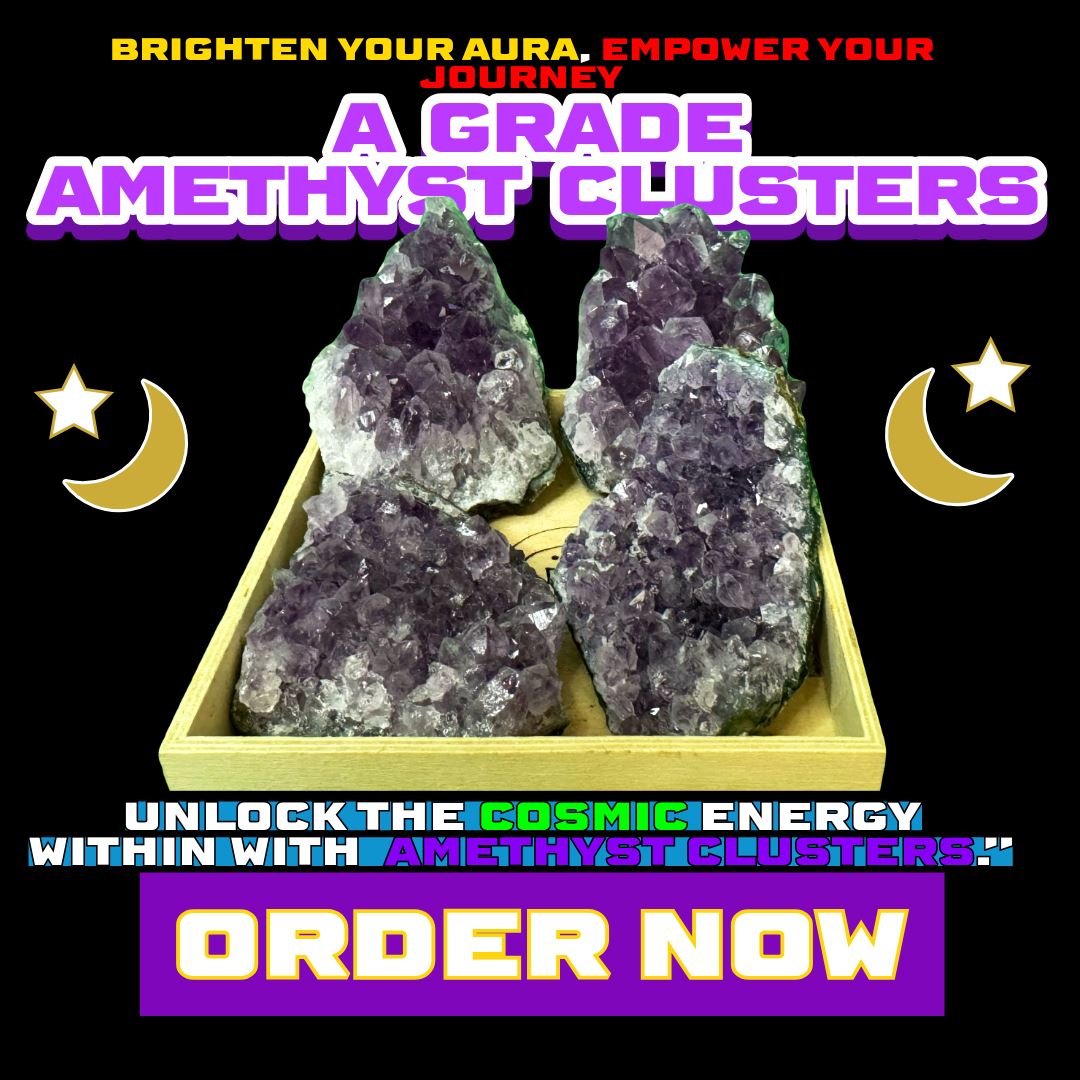 Wooden tray holding four radiant AAA Grade Amethyst Clusters with sharp purple crystal points. Surrounded by celestial moon and star icons, the design features bold text: “Brighten Your Aura, Empower Your Journey – A Grade Amethyst Clusters.” A vibrant purple “Order Now” banner anchors the visual. DALLAS PSYCHIC AND CRYSTALS