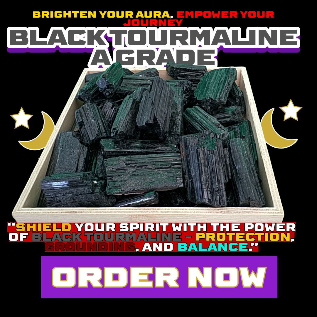 A wooden tray filled with raw A-Grade Black Tourmaline crystals, showcasing dark, striated formations under mystical lighting. Surrounded by glowing moon and star symbols with bold cosmic text: “Brighten Your Aura, Empower Your Journey – Black Tourmaline A Grade.” Purple “Order Now” button completes the energetic aesthetic.Crystal DALLAS PSYCHIC AND CRYSTALS