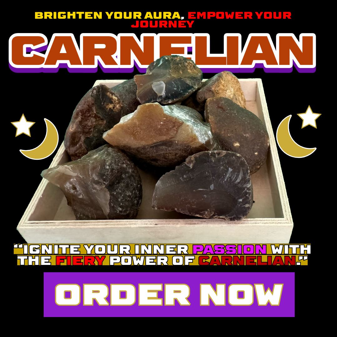 Rough, fiery-orange Carnelian stones in a wooden tray with glowing spiritual graphics. Caption reads: “Ignite your inner passion with the fiery power of Carnelian” alongside a bold purple “Order Now” button framed by mystical moon and star icons. DALLAS PSYCHIC AND CRYSTALS