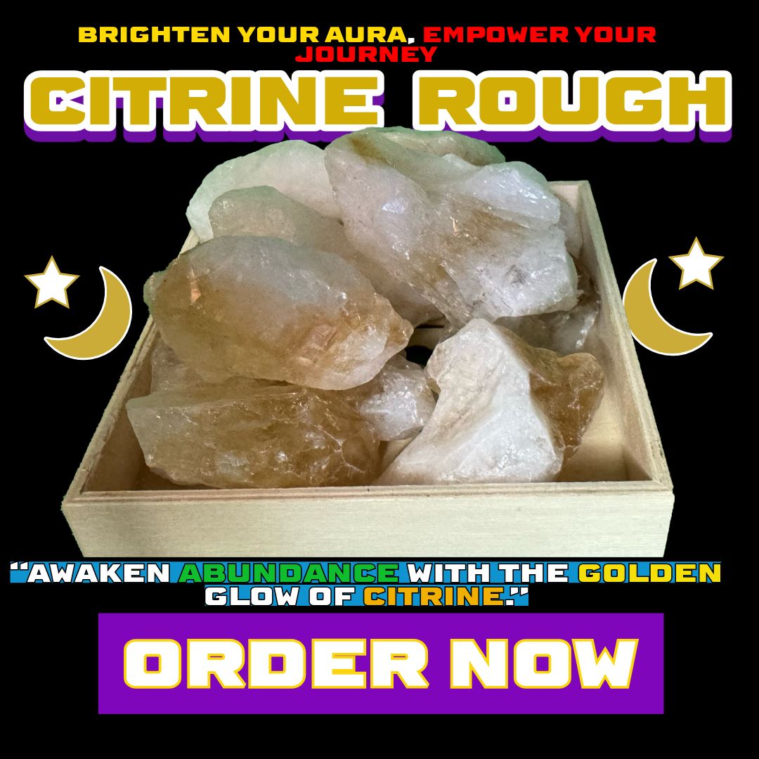 Wooden tray filled with rough Citrine crystals glowing in shades of golden yellow and white, set against a mystical black background with purple and gold accents. Text overlay reads: “Citrine Rough – Awaken Abundance with the Golden Glow of Citrine” and includes a bold purple "Order Now" button. DALLAS PSYCHIC AND CRYSTALS