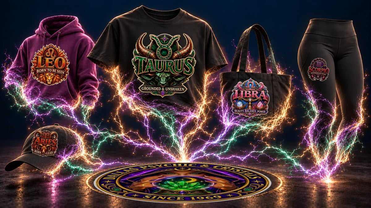 Zodiac apparel forming from purple, gold, and green light above the Dallas Psychic & Crystals logo.