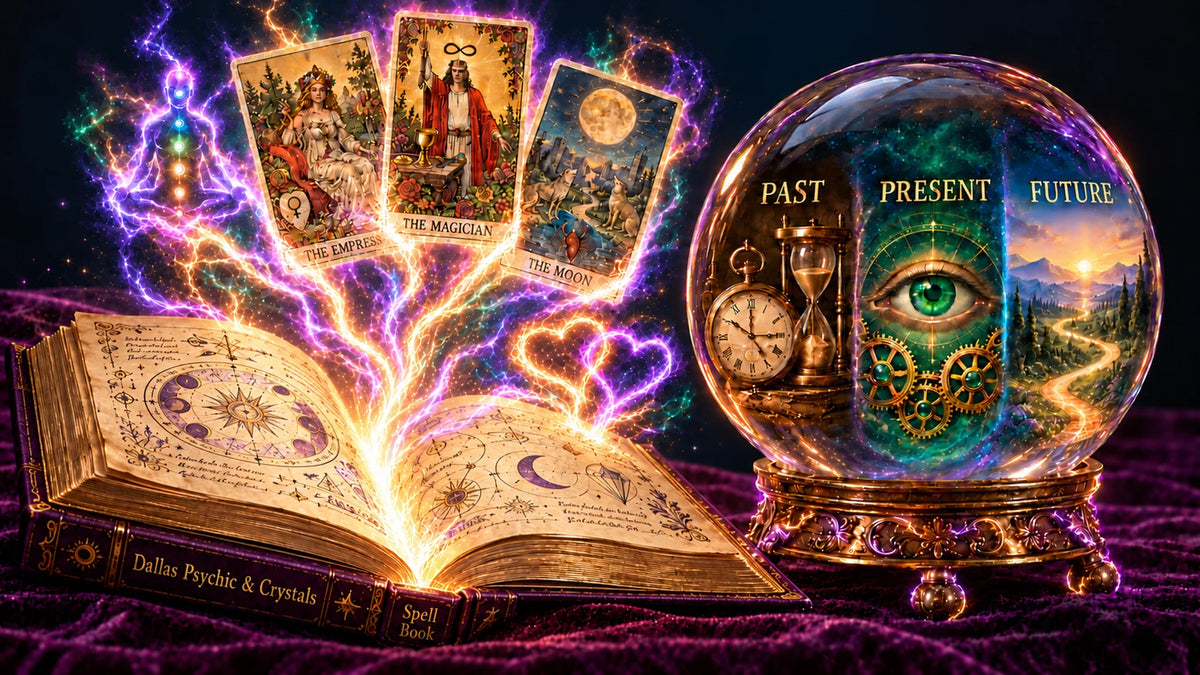 Tarot cards and spiritual energy rise from an open spellbook beside a crystal ball showing past, present and future.
