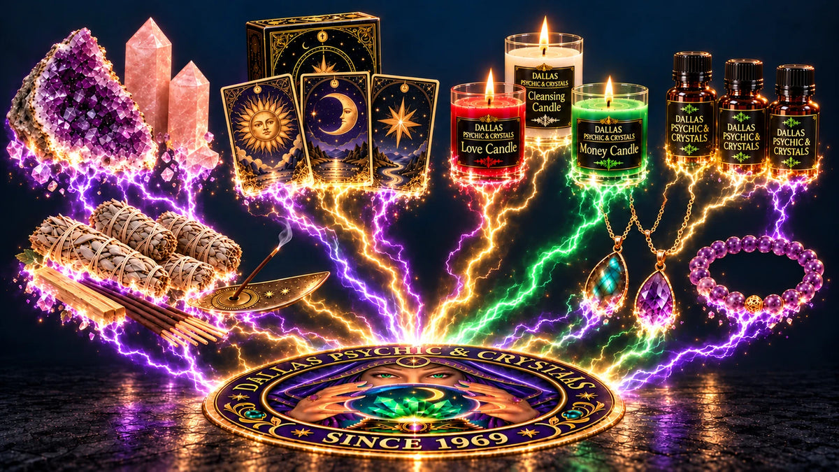 Illustration of crystals, tarot cards, branded candles and bottles, jewelry, sage and incense glowing above the Dallas Psychic & Crystals floor logo.