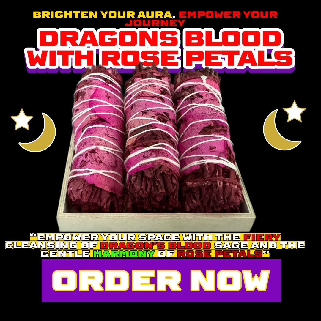 Dragon’s Blood with Rose Petals Smudge Sticks – 4-inch white sage bundles coated in red dragon’s blood resin and wrapped with rose petals, used for protection, love, energy cleansing, and ritual magic.