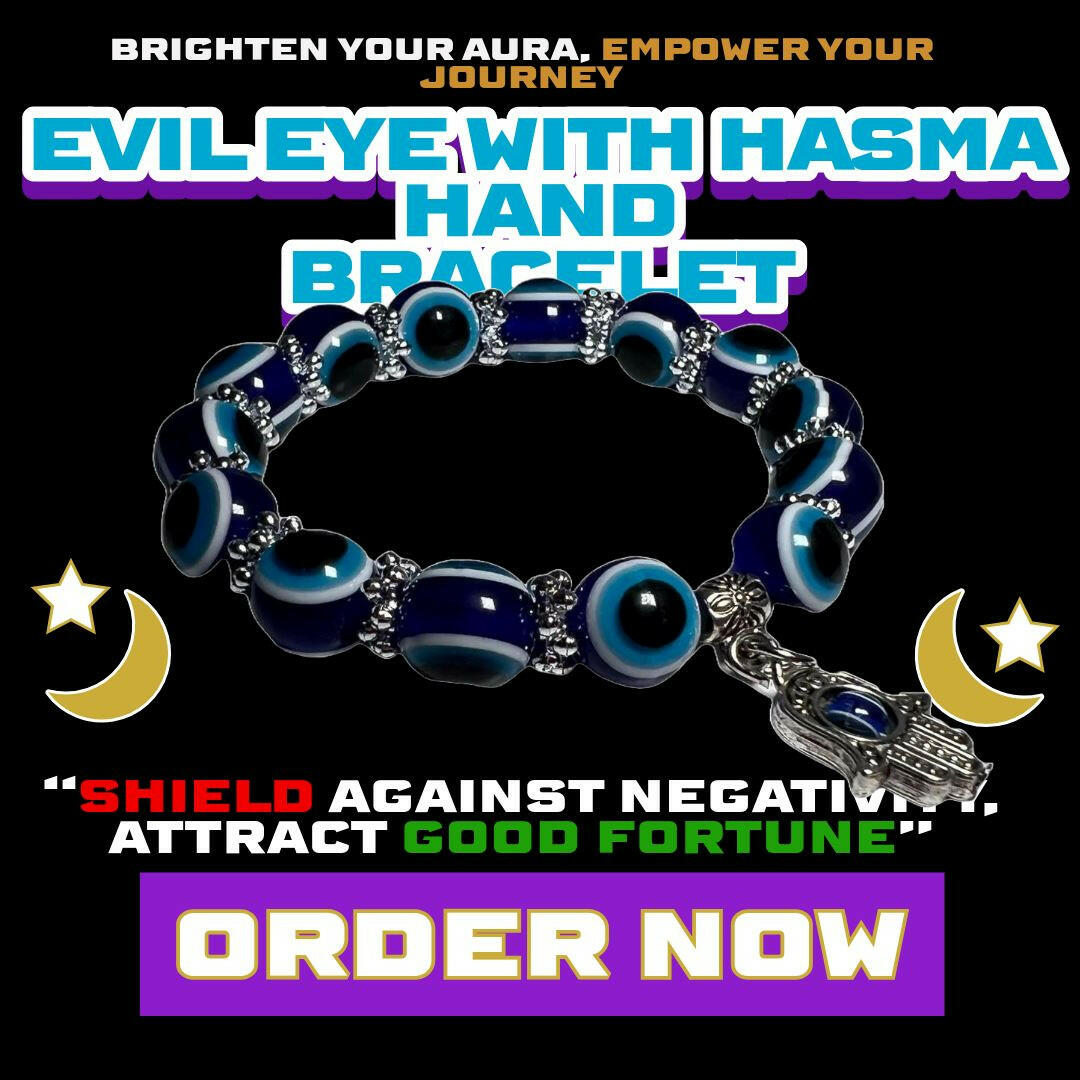 Evil Eye bracelet with Hamsa Hand charm, featuring blue glass protection beads and silver details – for spiritual shielding, good fortune, and energy defense from Dallas Psychic & Crystals.
