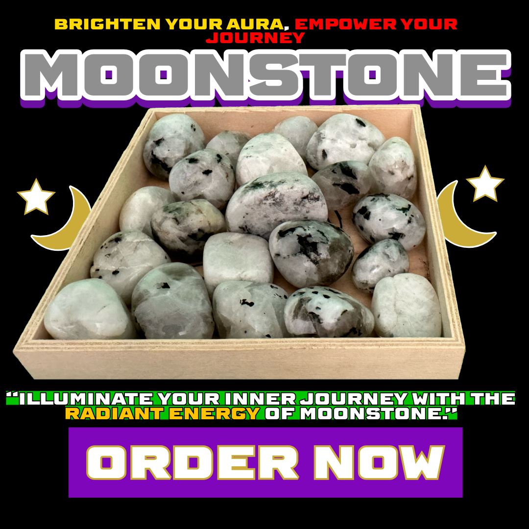 Tumbled Moonstone crystals in a wooden tray from Dallas Psychic & Crystals. Used for intuition, new beginnings, emotional healing, and lunar rituals.CRYSTALS