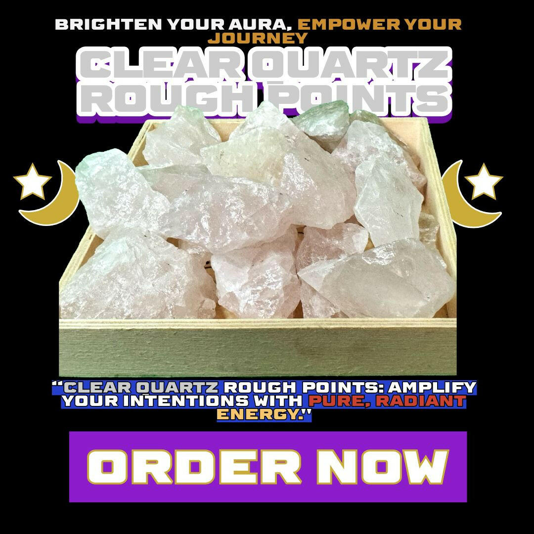 A wooden tray filled with raw Clear Quartz crystal points, glowing softly against a mystical black background with moon and star accents. The text overlay reads: “Clear Quartz Rough Points – Amplify your intentions with pure, radiant energy” followed by a glowing purple “Order Now” button. DALLAS PSYCHIC AND CRYSTALS