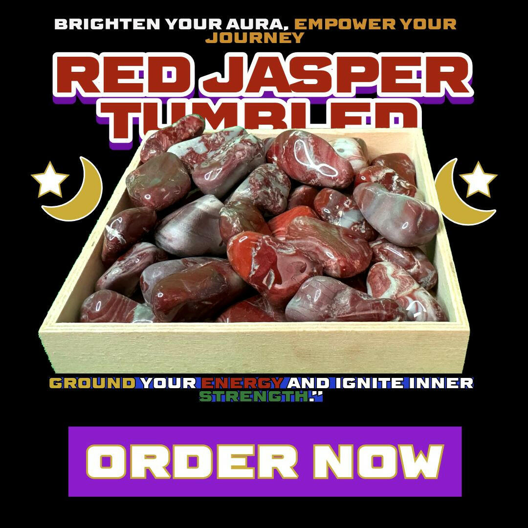 Tray of polished Red Jasper tumbled stones at Dallas Psychic & Crystals. Energetic root chakra healing crystal for grounding, protection, and physical strength.