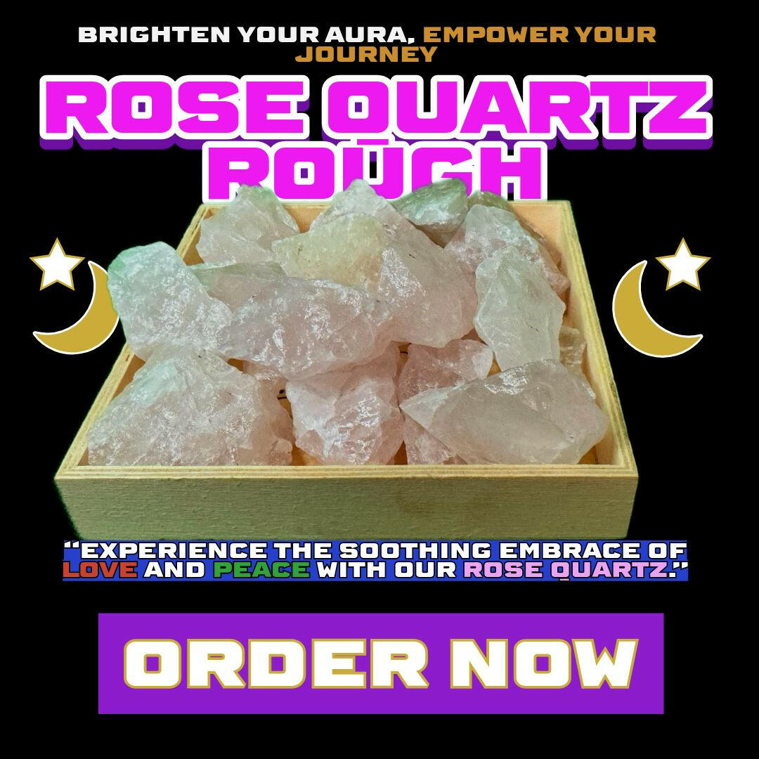 Wooden tray filled with raw Rose Quartz crystal chunks in soft rose-pink hues, glowing with loving energy. Set against a mystical black background with moon and star icons, bold purple title text reads "Rose Quartz Pouch" with a “Order Now” button in white and gold.DALLAS PSYCHIC AND CRYSTALS