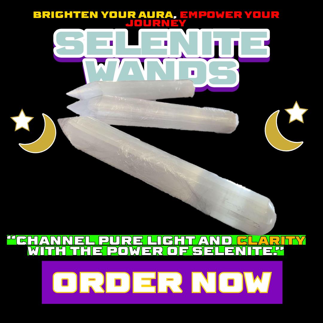 Photograph of three luminous white 6-inch selenite crystal wands resting on a black background, surrounded by mystical moon and star symbols, with a glowing caption “Selenite Wands – Channel Pure Light and Clarity.