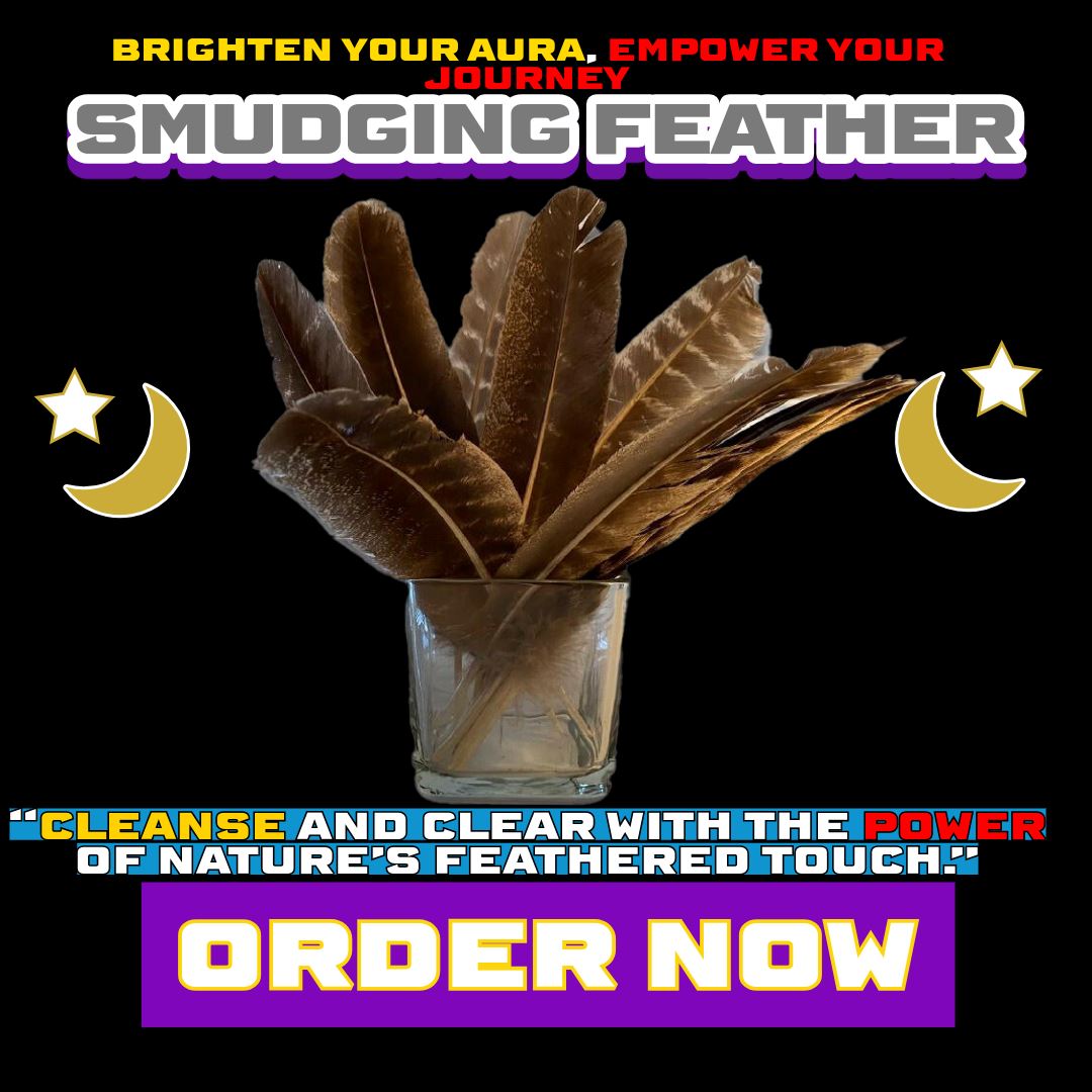 Glass vase holding multiple authentic wild turkey feathers used for smudging rituals, with mystical moon and star accents and glowing “Order Now” CTA at the bottom.DALLAS PSYCHIC AND CRYSTALS