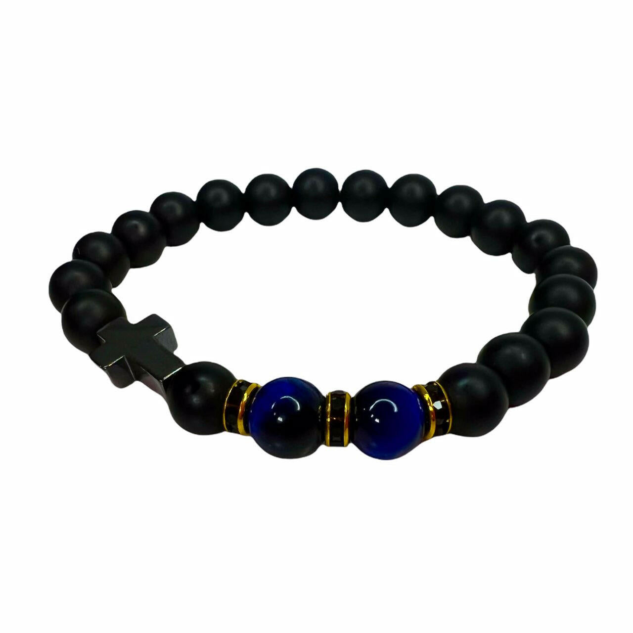 Lava Rock with Lapis Lazuli and Cross Metaphysical Bracelet.
