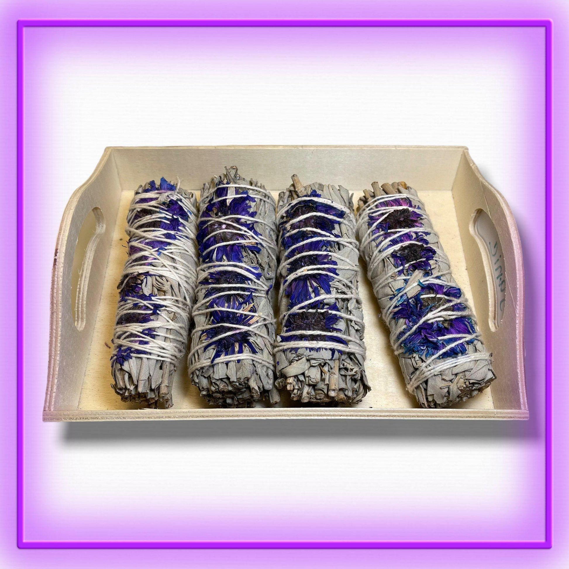 White Sage Purple Daze Smudge Sticks with purple daisies – 4-inch handcrafted bundles for love, aura cleansing, beauty rituals, and spiritual protection from Dallas Psychic & Crystals.