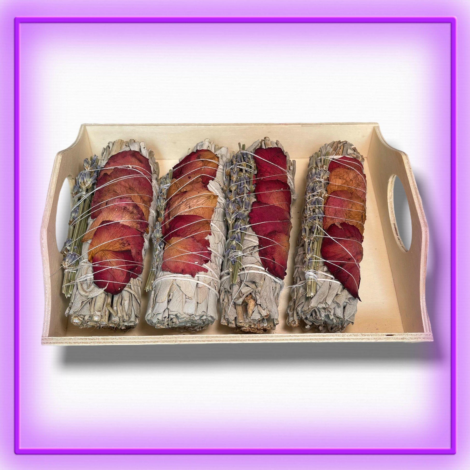 White Sage Smudge Stick with red rose petals and lavender flowers – 4-inch handmade bundle for heart chakra healing, relaxation, love rituals, and spiritual cleansing from Dallas Psychic & Crystals.