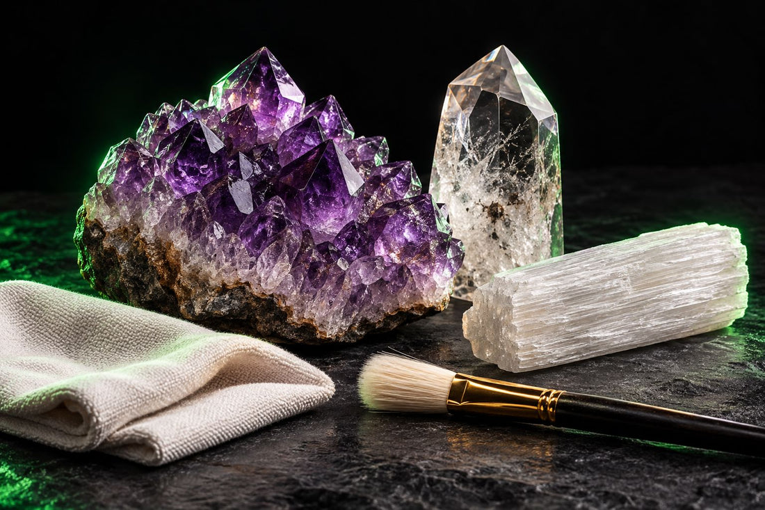 Amethyst, clear quartz and white gypsum arranged beside a soft cloth and delicate brush on a dark surface with green and violet lighting.