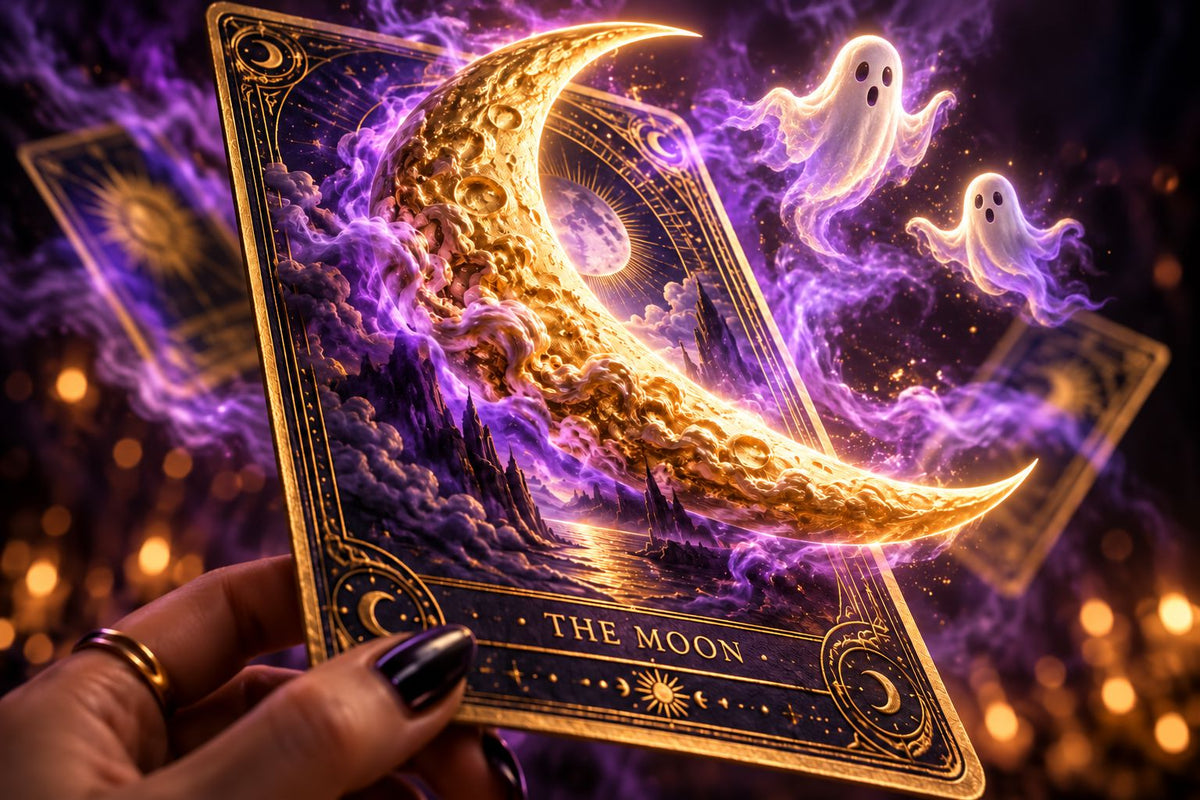 A glowing gold crescent emerges from a purple tarot card amid violet smoke and two cute spooky ghosts.