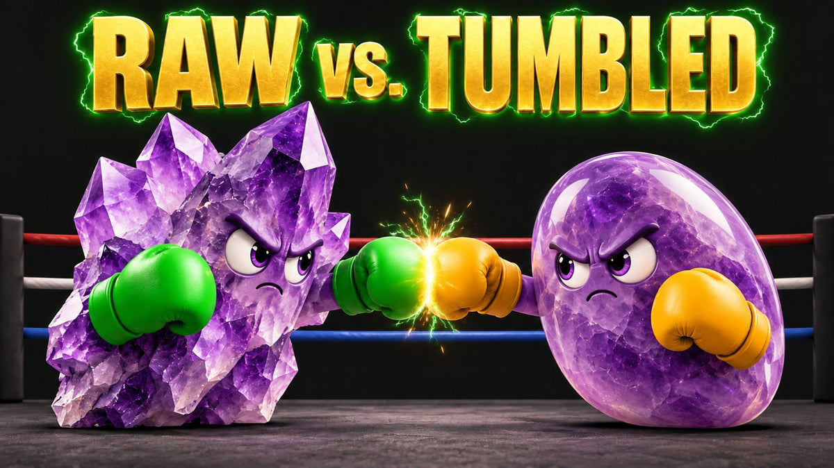 A jagged raw amethyst and a smooth purple tumbled stone clash green and gold boxing gloves beneath an electrified gold RAW vs. TUMBLED headline.