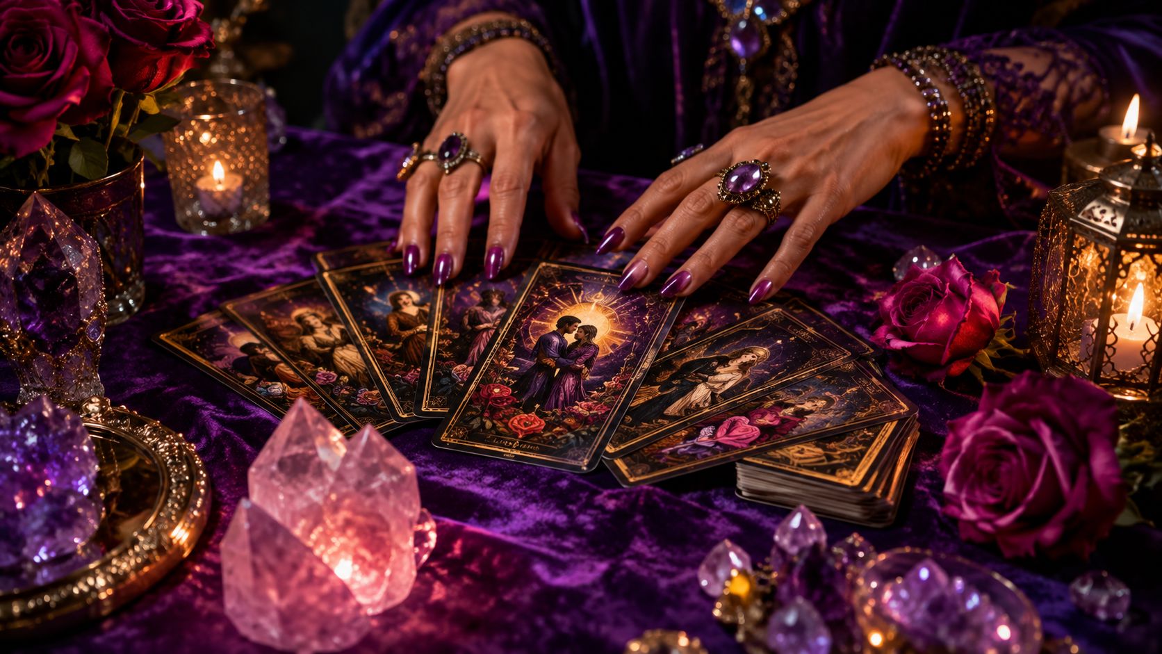 Sabrina prepares a relationship tarot reading with rose quartz at Dallas Psychic and Crystals