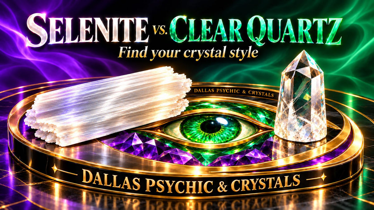 Illustration of fibrous satin-spar gypsum and clear quartz on a Dallas Psychic & Crystals branded stage.