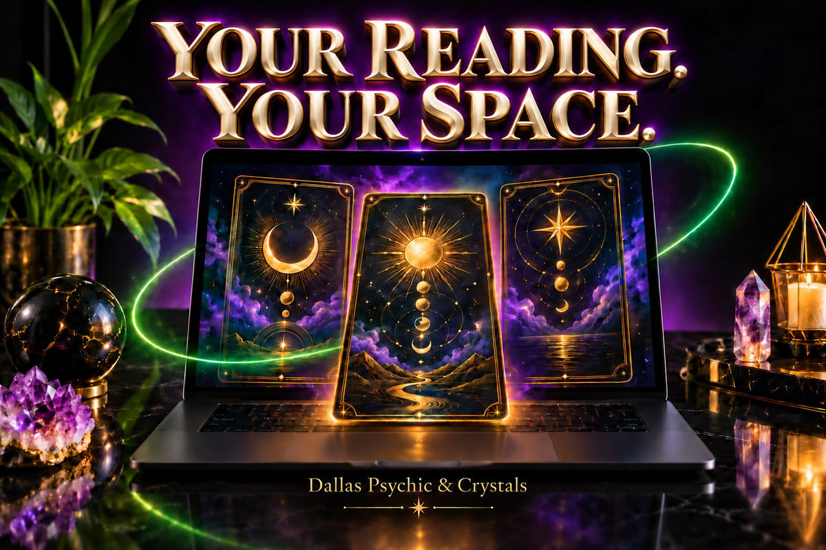 Conceptual laptop with celestial tarot cards beneath Your reading. Your space. in ivory-and-gold dimensional serif lettering with dark extruded sides and violet backlight.