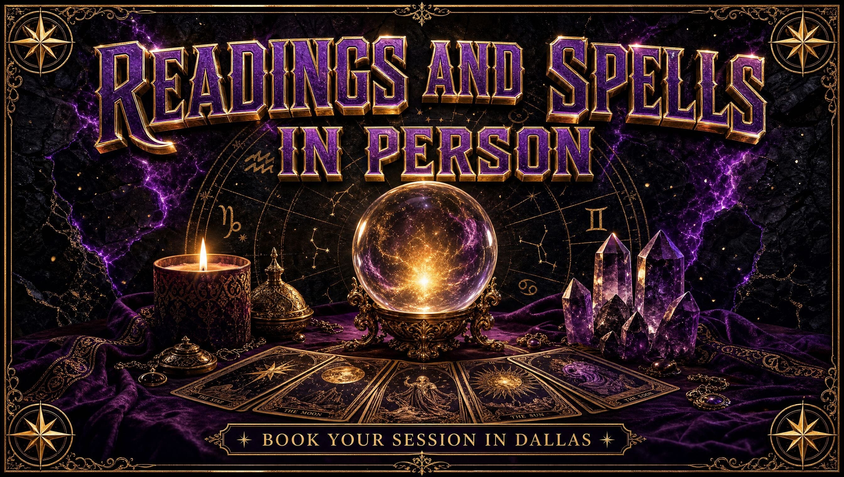 In-person readings and spells collection banner, tarot cards and candlelight on a dark cosmic background with gold filigree and title text.