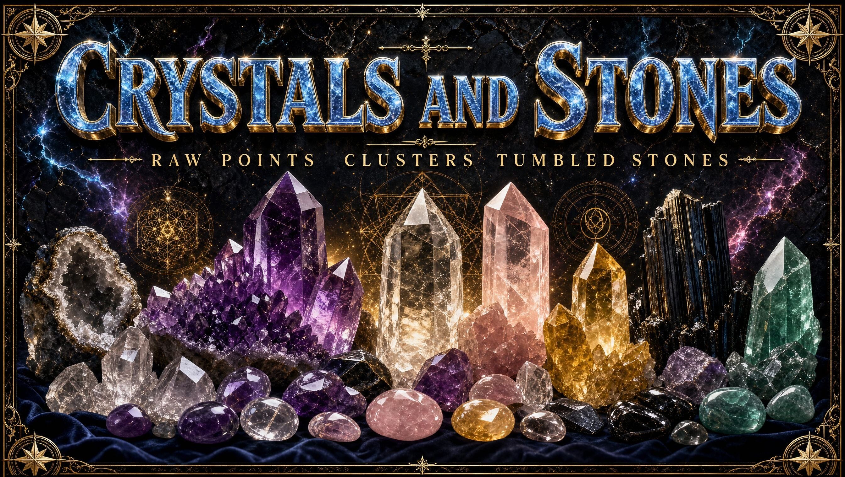 Crystals and stones collection banner, amethyst and quartz crystals glowing on a dark cosmic background with gold filigree and title text.