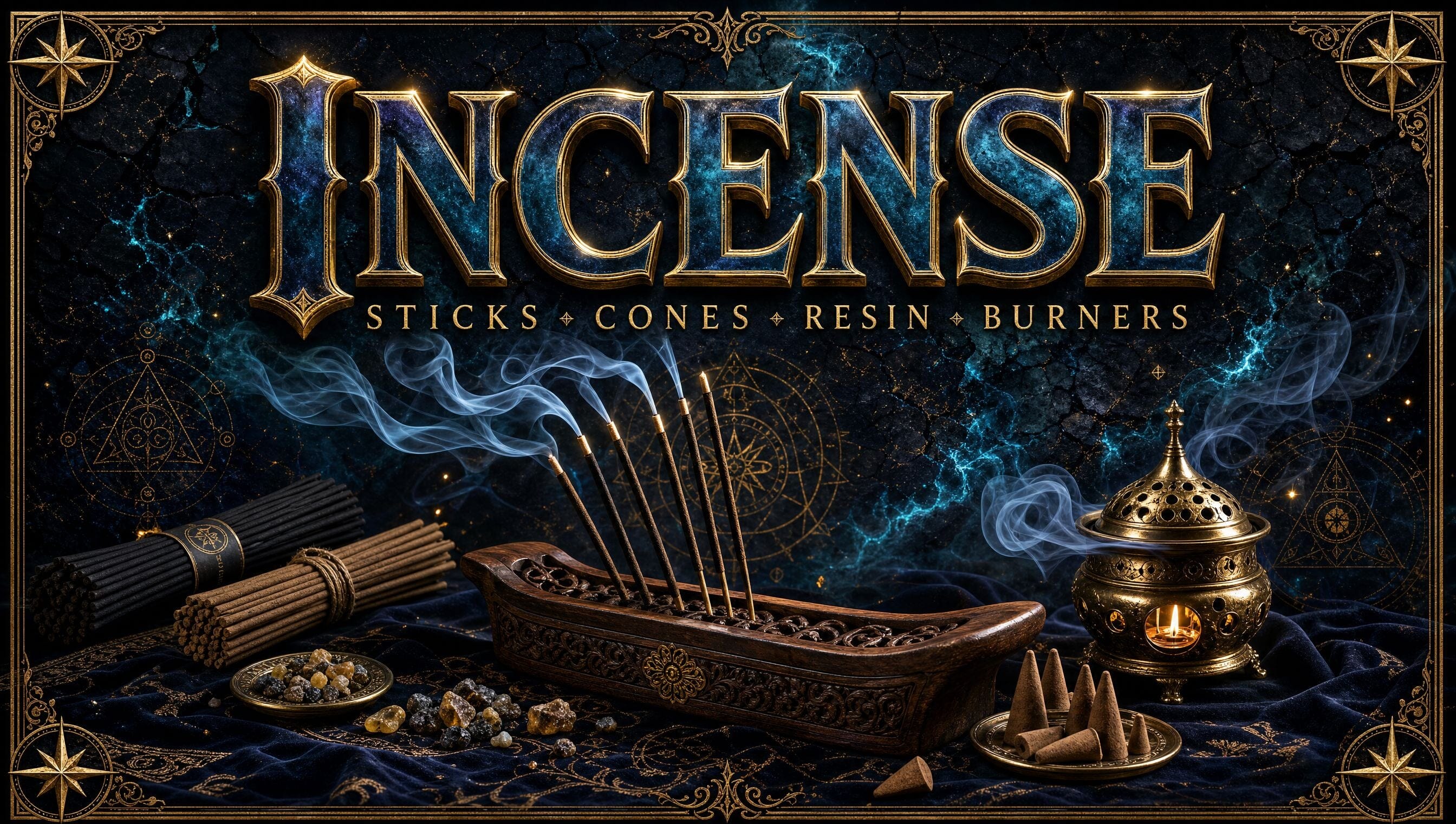 Incense collection banner, incense sticks burning with rising smoke on a dark cosmic background with gold filigree and title text.