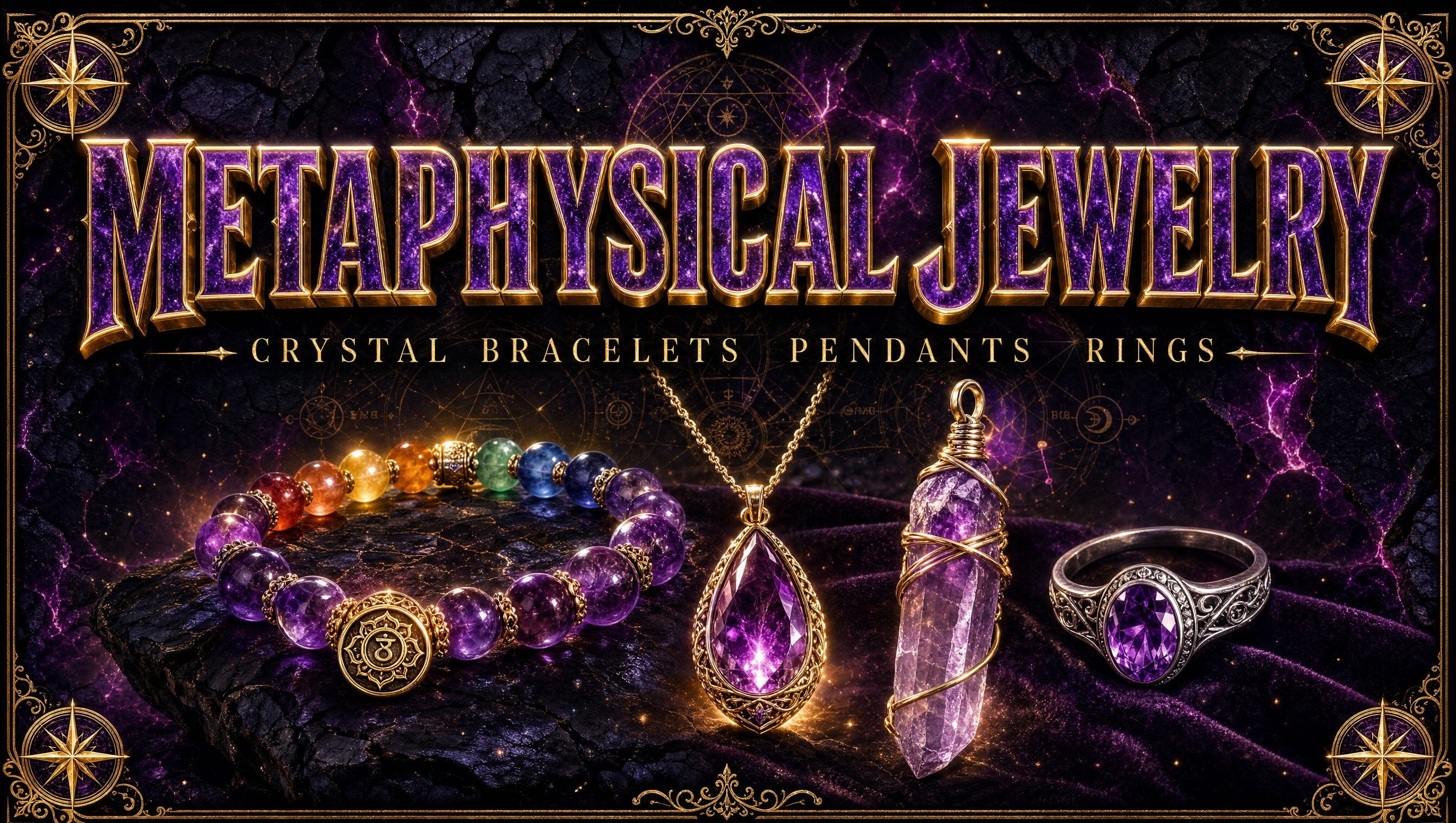Metaphysical jewelry collection banner, crystal bracelets and rings on a dark cosmic background with gold filigree and glowing title text.