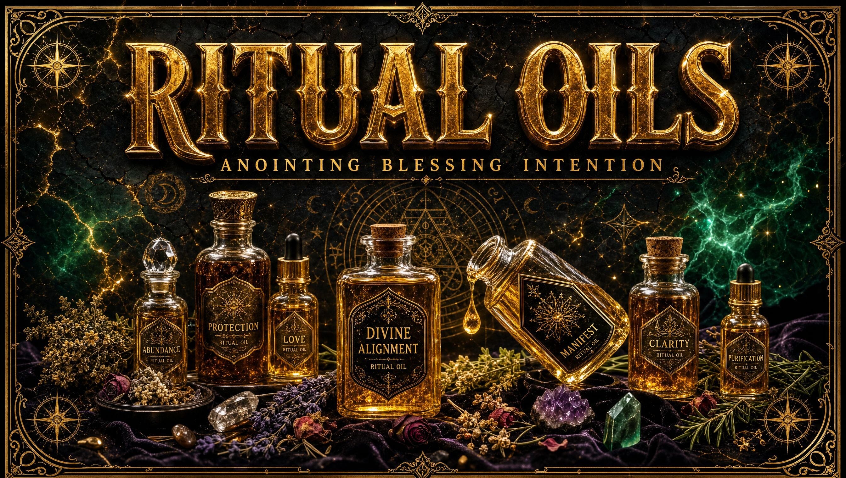 Ritual oils collection banner, glass oil bottles on a dark cosmic background with gold filigree and glowing title text.