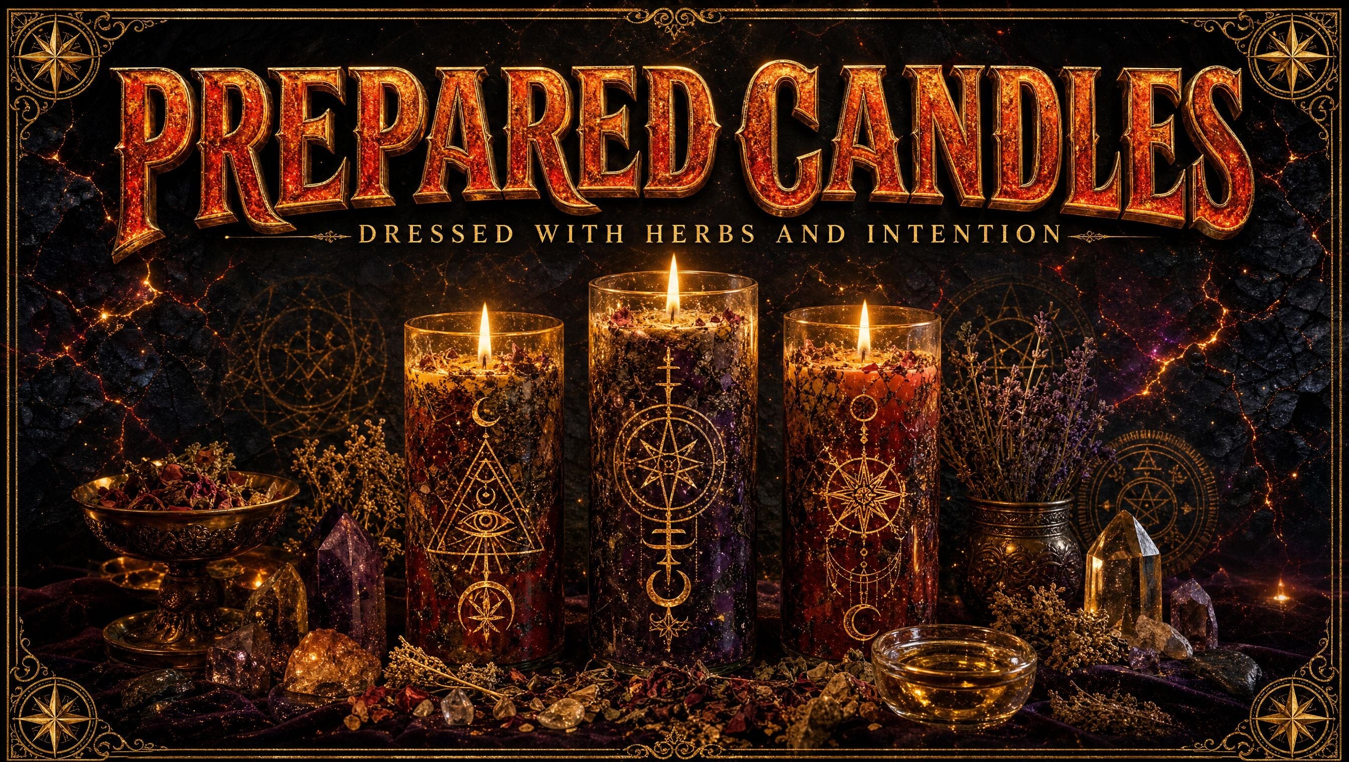 Prepared metaphysical candles collection banner, herb-dressed jar candles glowing on a dark cosmic background with gold filigree and title text.