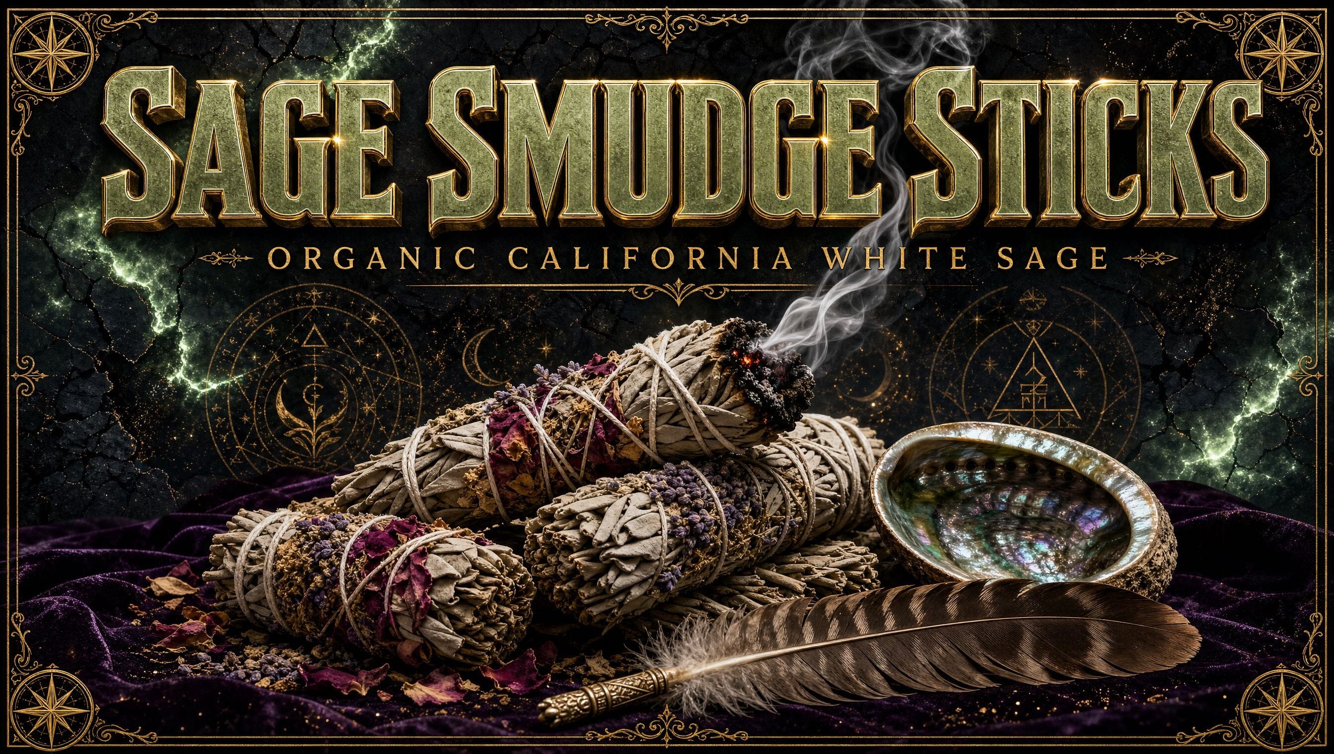 Sage smudge sticks collection banner, bundles of white sage on a dark cosmic background with gold filigree and glowing title text.
