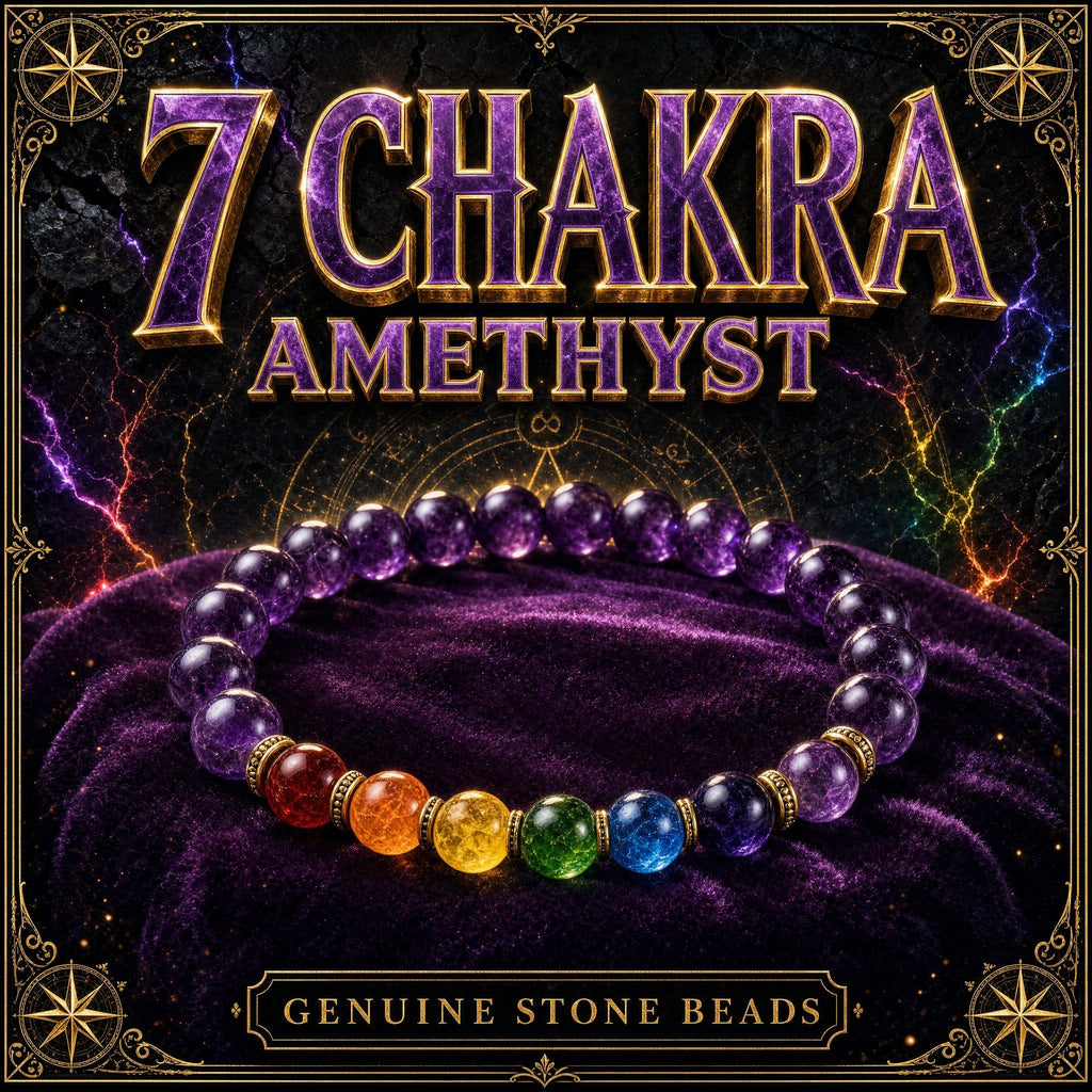 Seven chakra stretch bracelet with purple amethyst beads paired with the seven chakra stones.