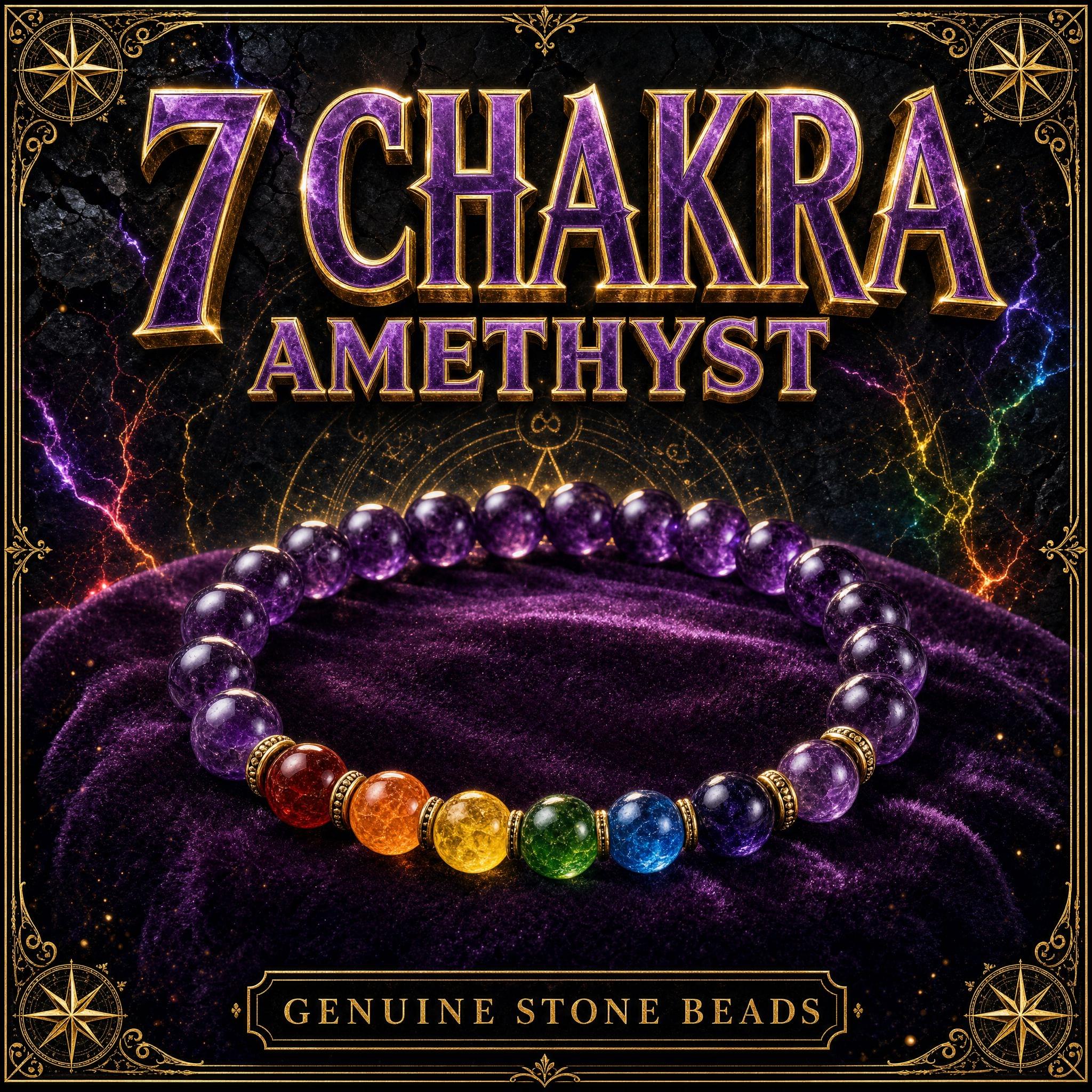 Seven chakra stretch bracelet with purple amethyst beads paired with the seven chakra stones.