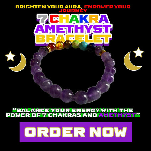 7 Chakra Amethyst Bracelet with deep purple Amethyst beads and colorful chakra stones for spiritual clarity, balance, and higher awareness from Dallas Psychic & Crystals.
