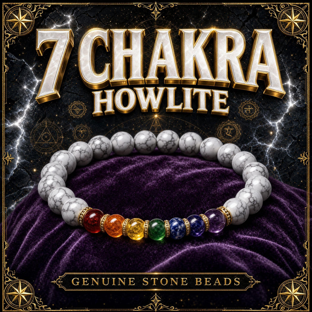 Seven chakra stretch bracelet with white howlite beads marbled in grey, paired with the seven chakra stones.