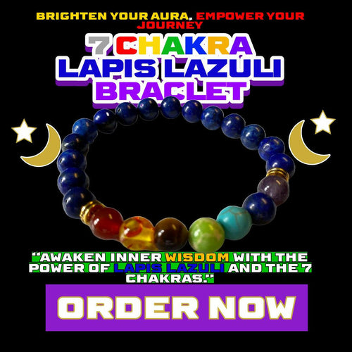 7 Chakra Lapis Lazuli Bracelet featuring deep blue Lapis beads and vibrant chakra stones for energy balance, intuition, and truth from Dallas Psychic & Crystals.

