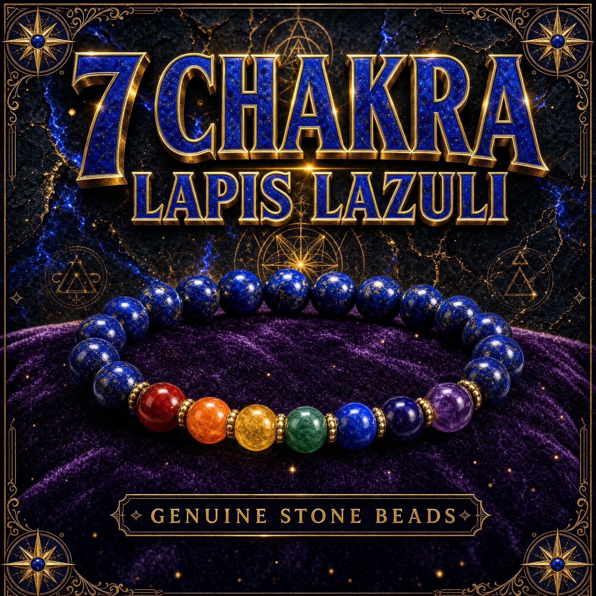 Seven chakra stretch bracelet with deep blue lapis lazuli beads and the seven chakra stones.