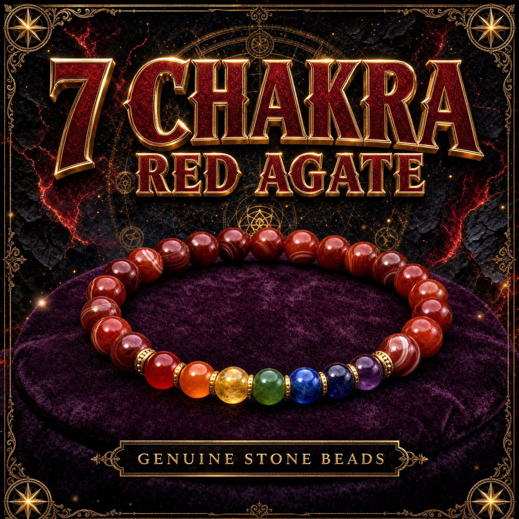 Seven chakra stretch bracelet with red agate accent beads and the seven chakra stones in rainbow order.