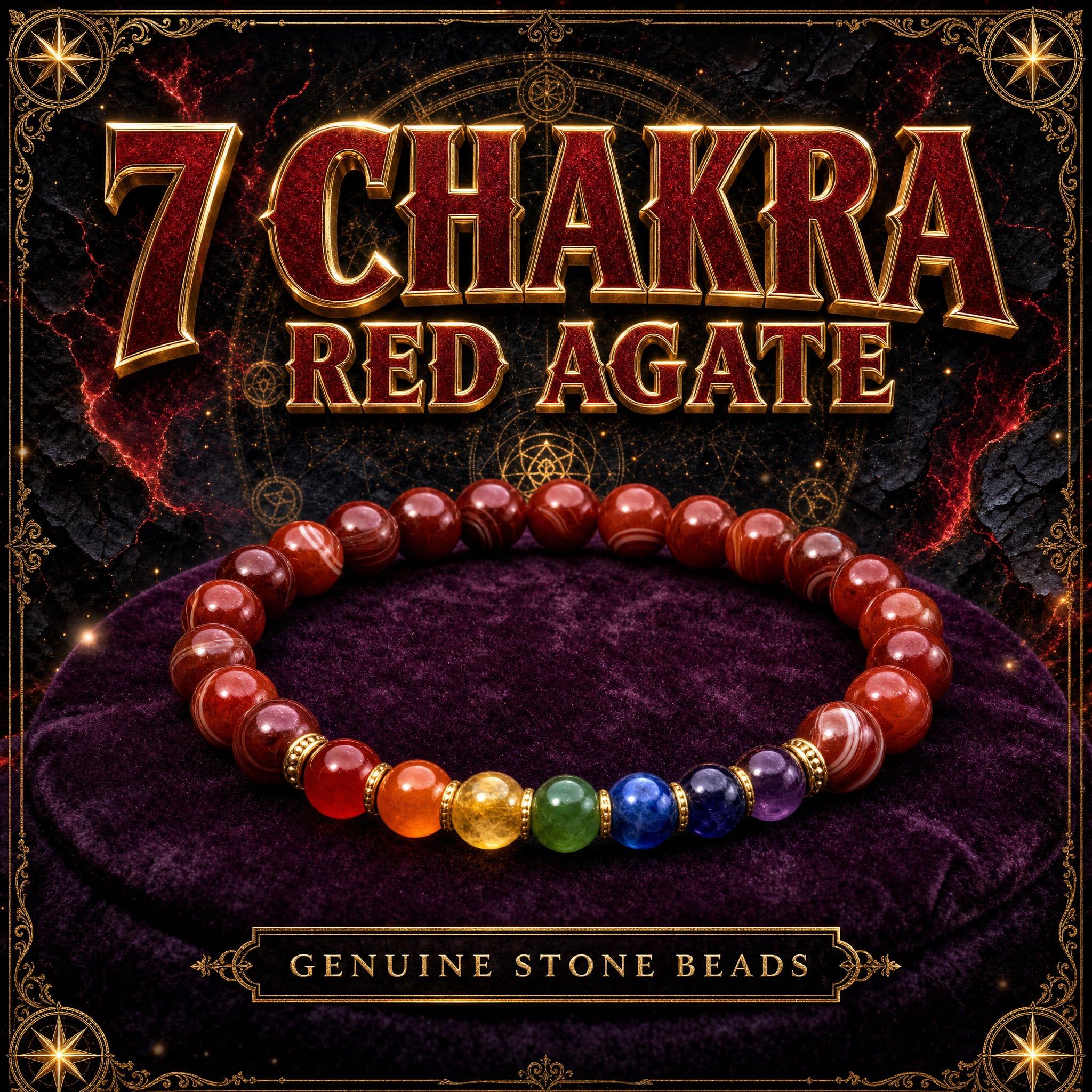 Seven chakra stretch bracelet with red agate accent beads and the seven chakra stones in rainbow order.