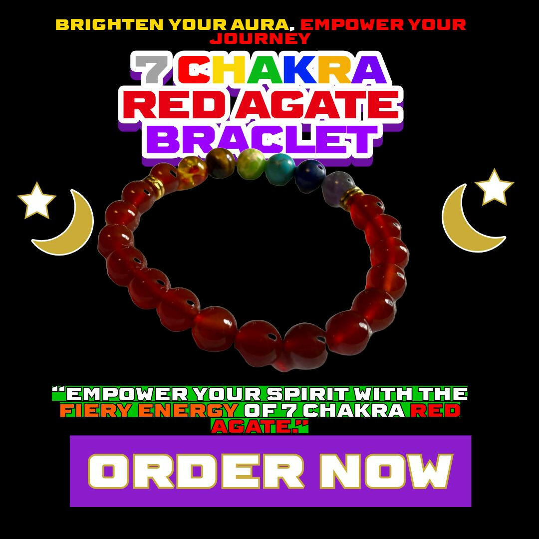 7 Chakra Red Agate Bracelet with fiery red agate beads and vibrant chakra stones for grounding, strength, and full energy alignment from Dallas Psychic & Crystals.