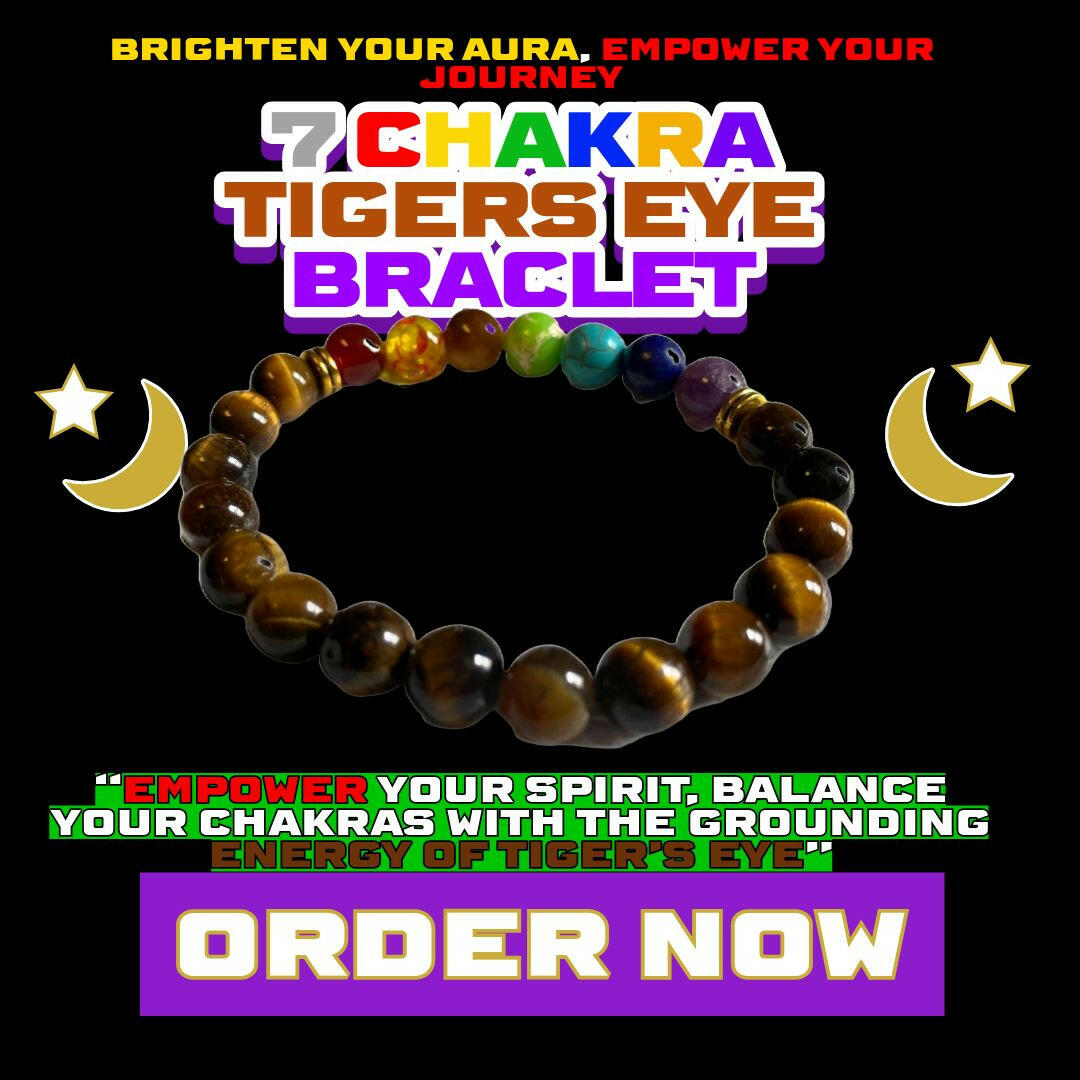 7 Chakra Tiger’s Eye Bracelet with golden-brown Tiger Eye beads and chakra stones for strength, grounding, and energy alignment, from Dallas Psychic & Crystals.