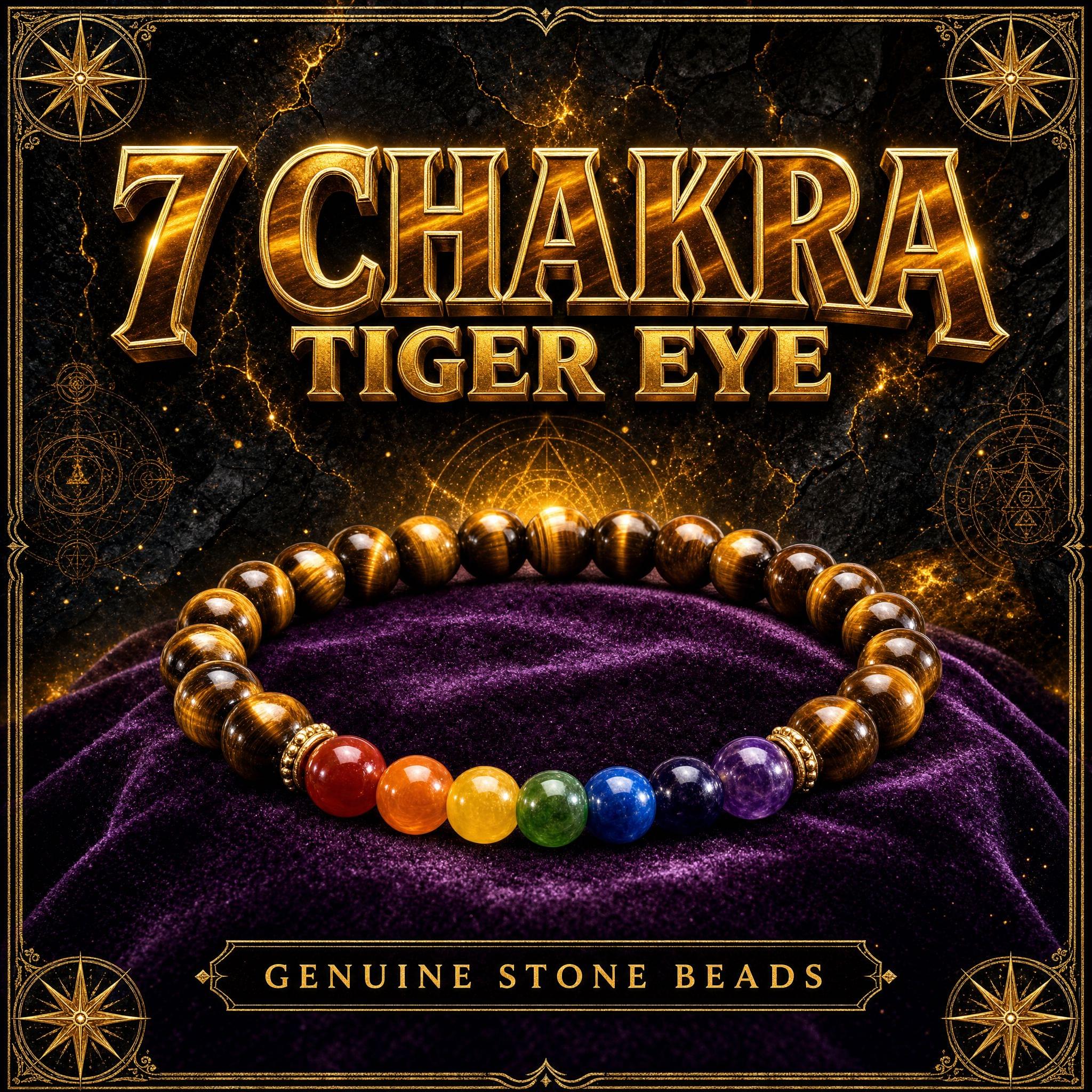 Seven chakra stretch bracelet with golden brown tiger's eye beads and the seven chakra stones.