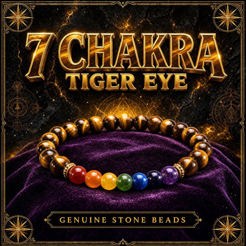 Seven chakra stretch bracelet with golden brown tiger's eye beads and the seven chakra stones.