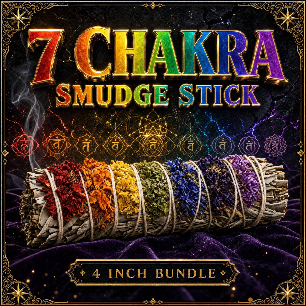 Seven chakra smudge stick, white sage bundle wrapped in the seven chakra colours from red through violet.