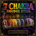 Seven chakra smudge stick, white sage bundle wrapped in the seven chakra colours from red through violet.