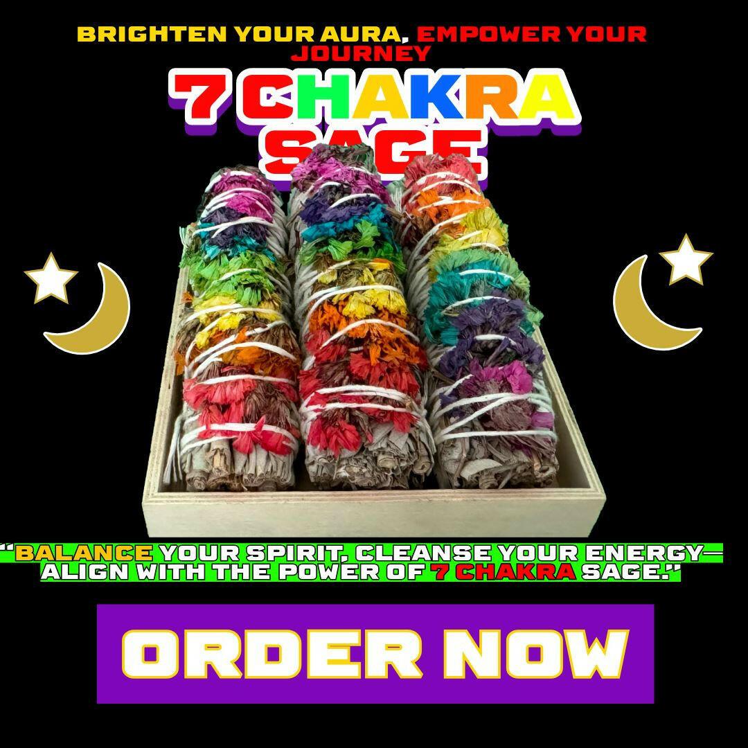 7 Chakra Sage Smudge Sticks – 4-inch white sage bundles wrapped in rainbow chakra flowers for cleansing, energy alignment, and spiritual healing from Dallas Psychic & Crystals.

