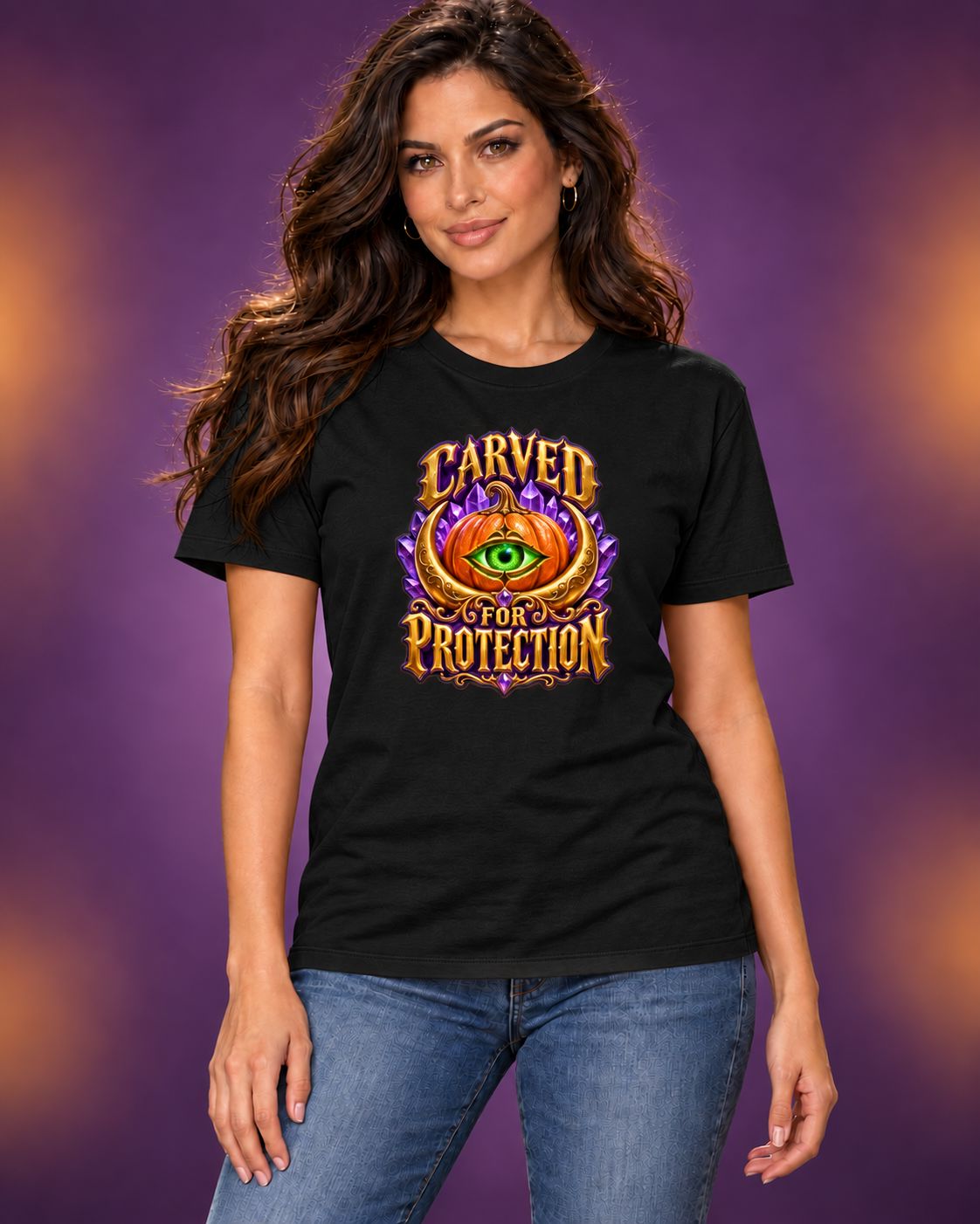 AI-generated model mockup of long-haired woman wearing a black Carved for Protection Halloween crew-neck T-shirt, front view.